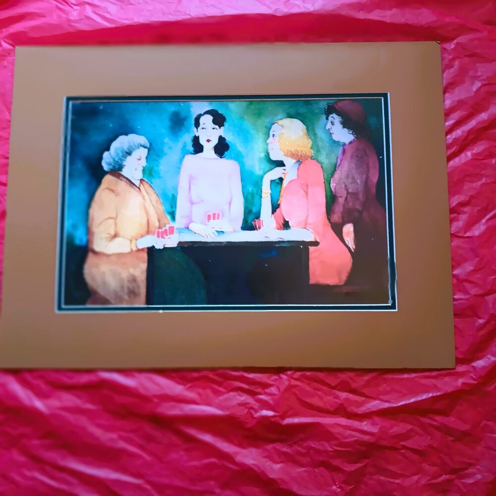 ART MAT-FRAMED PRINT of WOMEN PLAYING CARDS, 16" BY "22, UNUSUAL XMAS GIFT